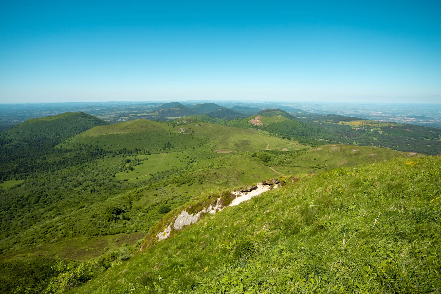 Chaîne des Puys et Puy de Dôme avec son chien