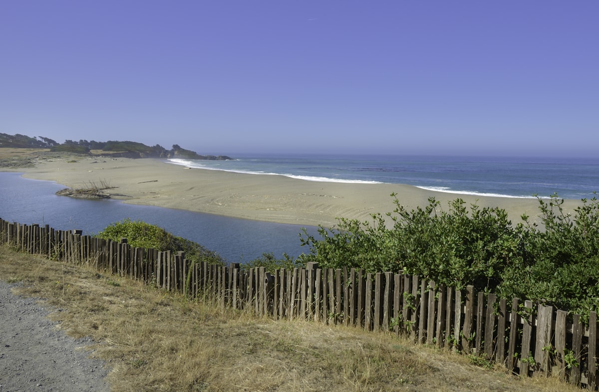 Longue plage de sable déserte bordée par une mer calme sous un ciel dégagé